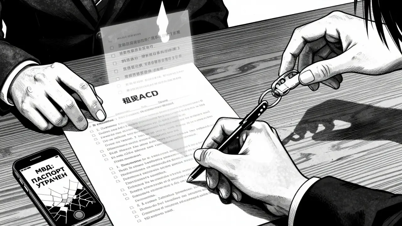 Рука подписывает договор аренды, рядом — предупреждение о утраченном паспорте и тайная кража ключа.