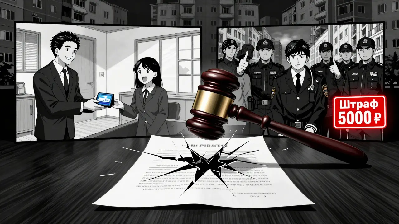 Символическое изображение судебного разбирательства: треснувший договор и две альтернативные судьбы арендодателя.