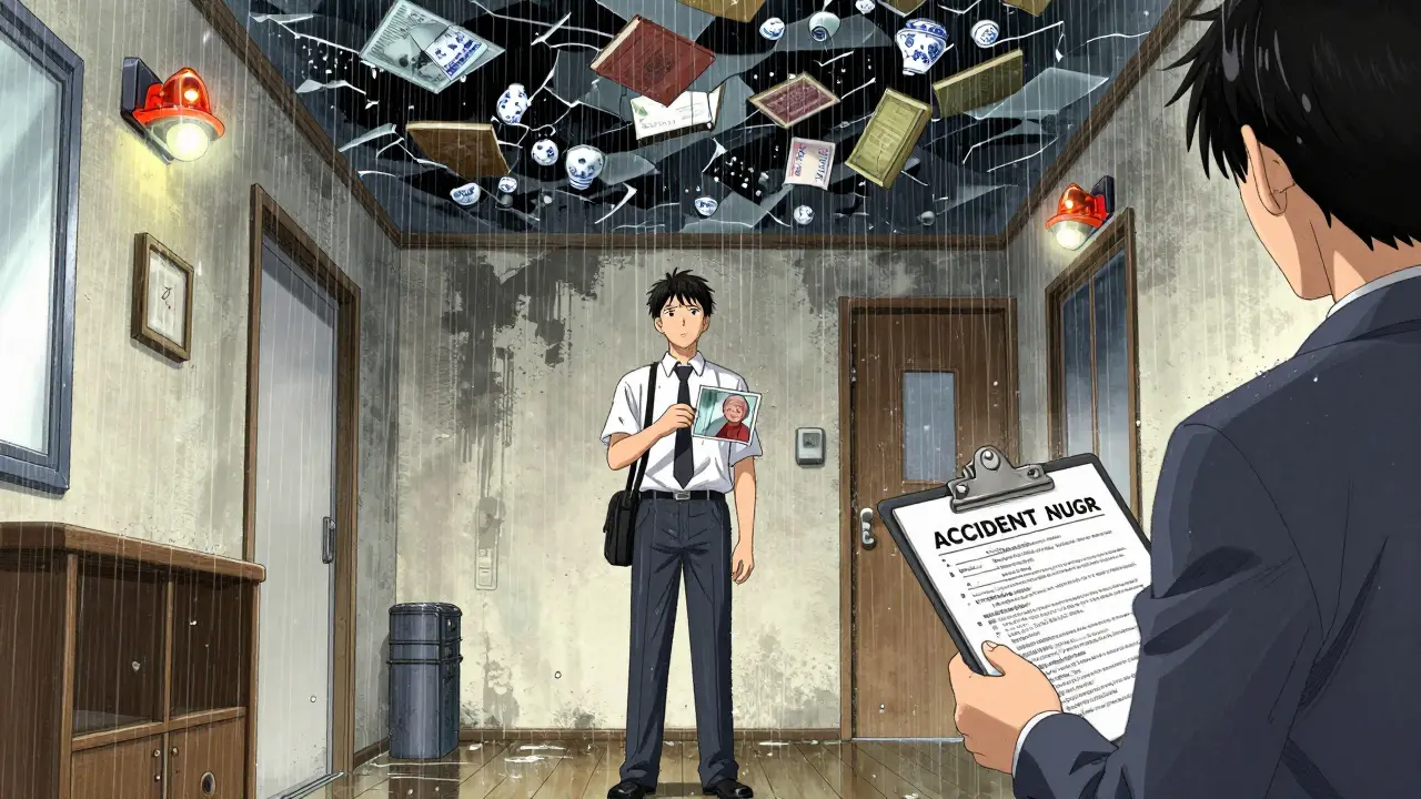 Собственник смотрит на затопленную квартиру, вода капает с потолка, рядом — сосед с актом о повреждении.