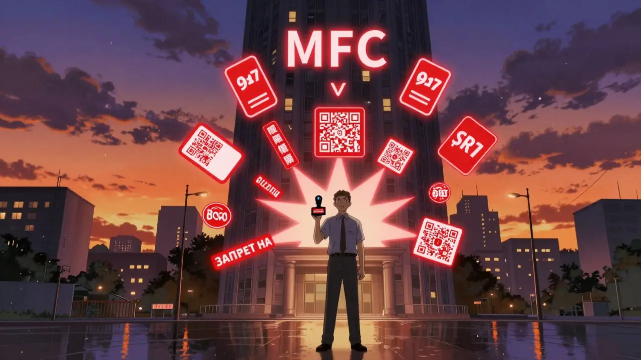 Собственник стоит перед МФЦ с запретом на сделки, вокруг — уведомления о защите недвижимости.