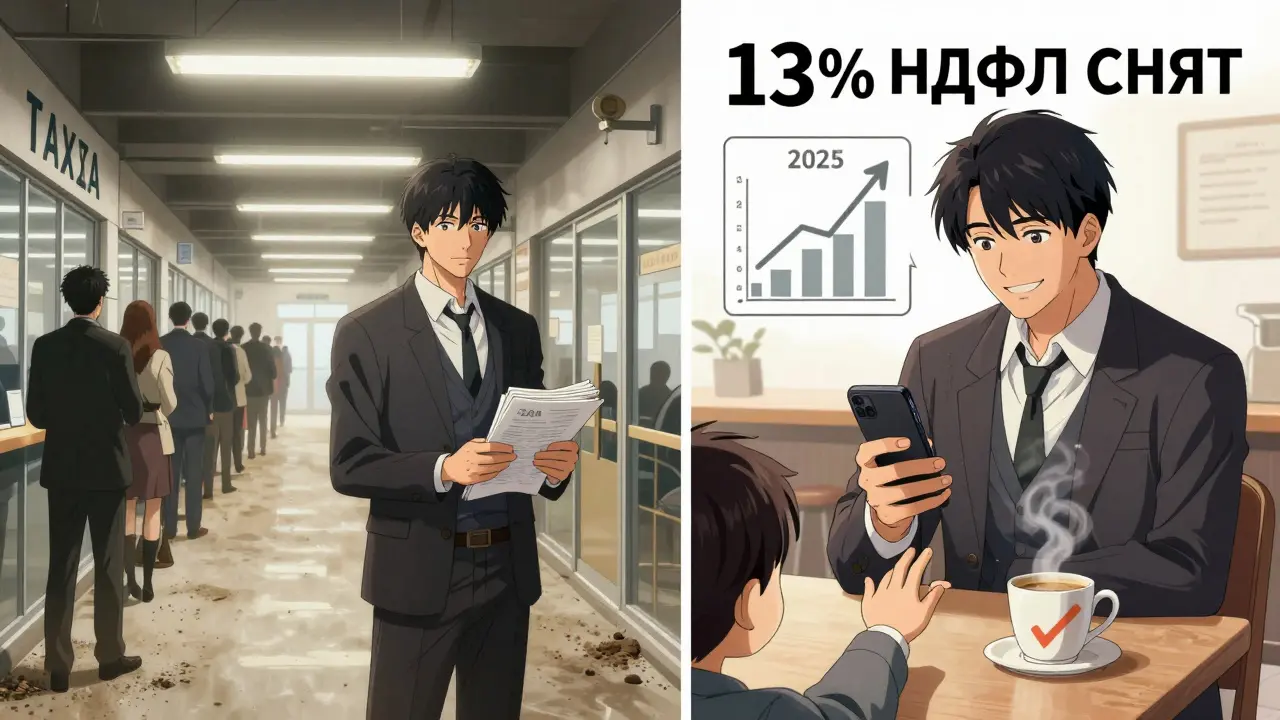 Сравнение: в 2023 человек стоит в очереди в налоговой, в 2025 — получает зарплату без удержаний.
