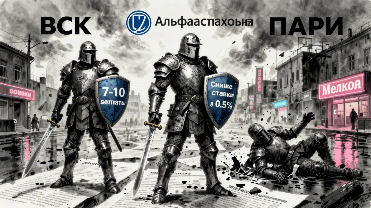 Три страховые компании как воины на поле боя, одна защищает выплаты, другая снижает ставку.