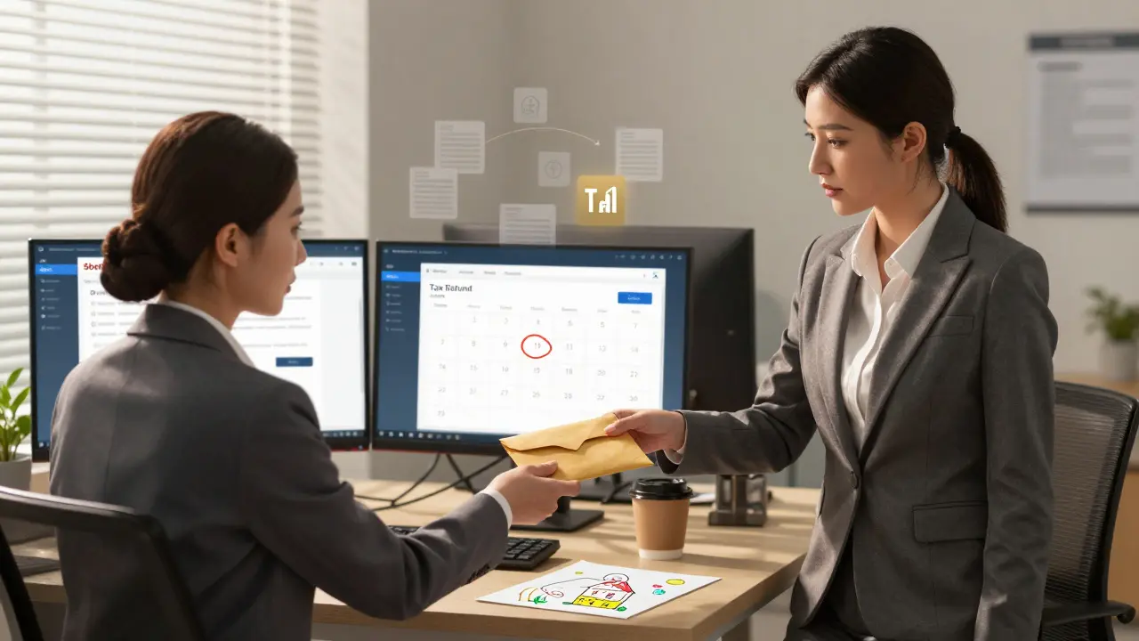 Женщина передает уведомление о вычете бухгалтеру в офисе, на экране — приложение Сбербанка.