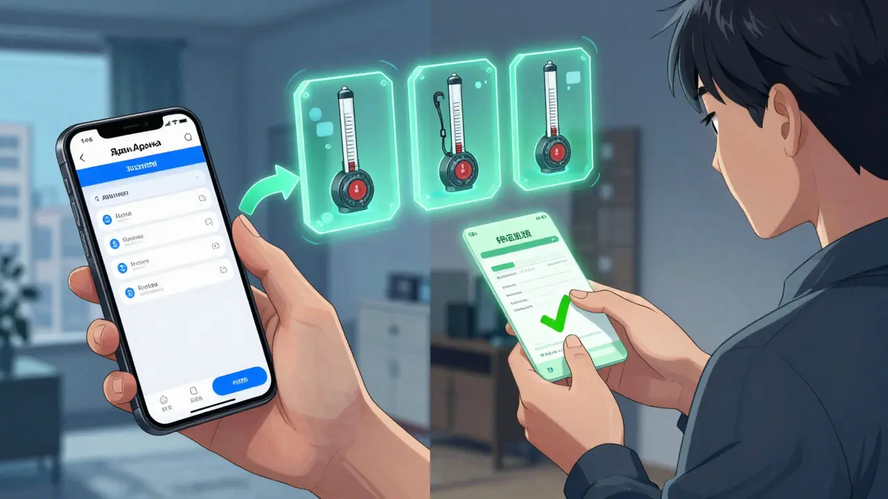 Арендатор передаёт показания счётчиков через приложение на телефоне, над ним — иконки воды, света и газа.