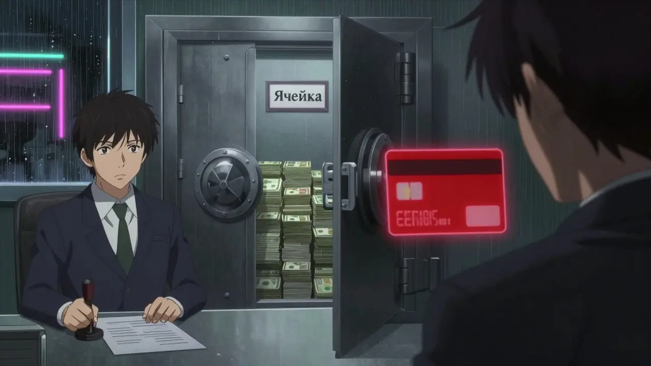 Банковская ячейка с деньгами и красный сигнал кредитной истории в туманном офисе.