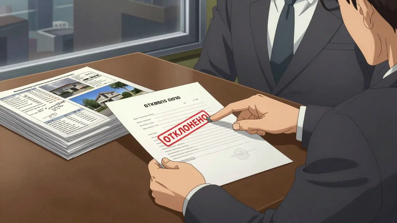 Банковский сотрудник рассматривает отклоненный отчет с печатью 'ОТКЛОНЕНО'.