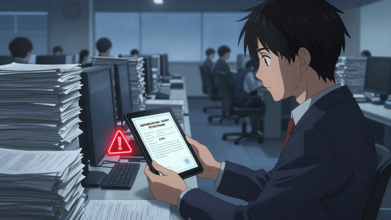 Человек получает выписку ЕГРН с предупреждением об обременении в тихом МФЦ на рассвете, вокруг — очереди бумаг.