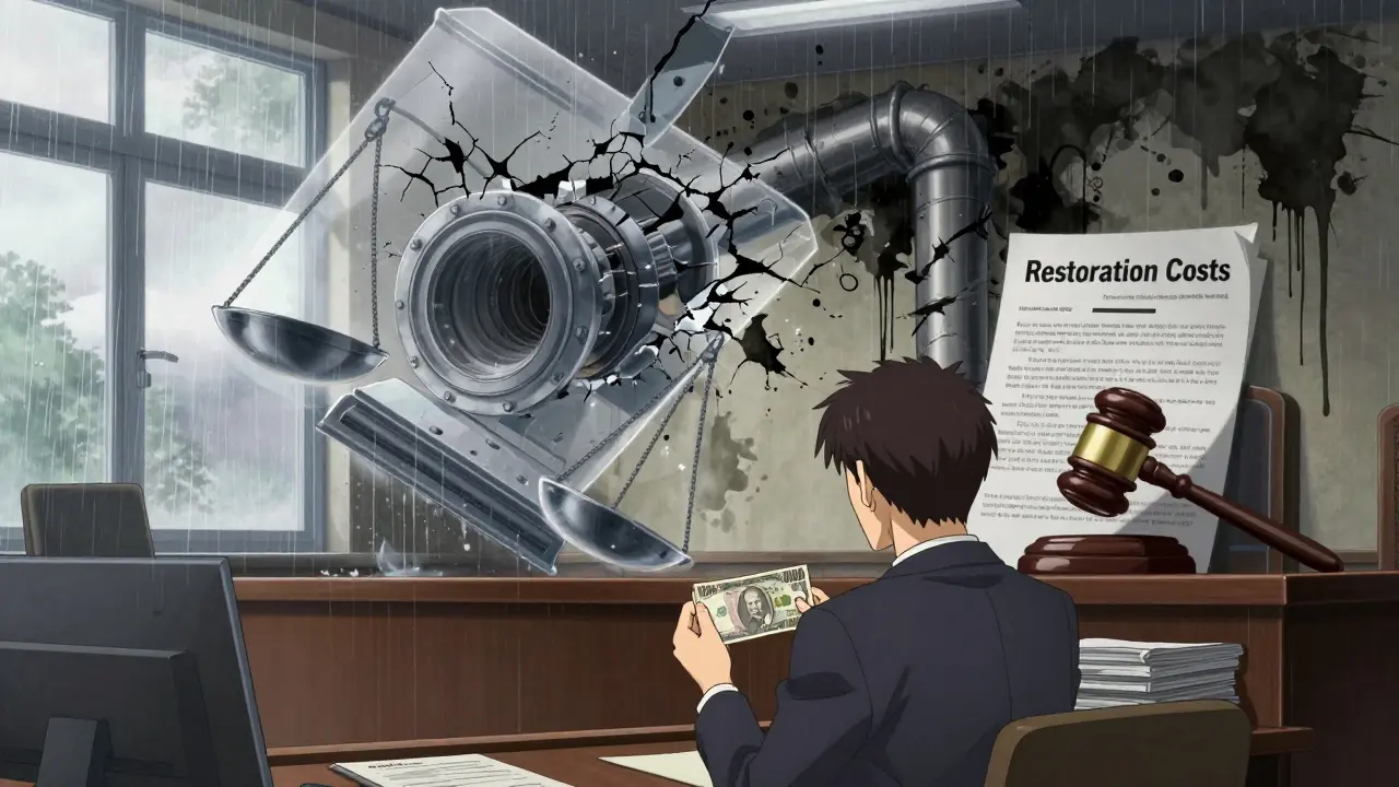 Человек в суде держит крупную сумму денег, над ним — весы, склоняющиеся к затратам на восстановление.