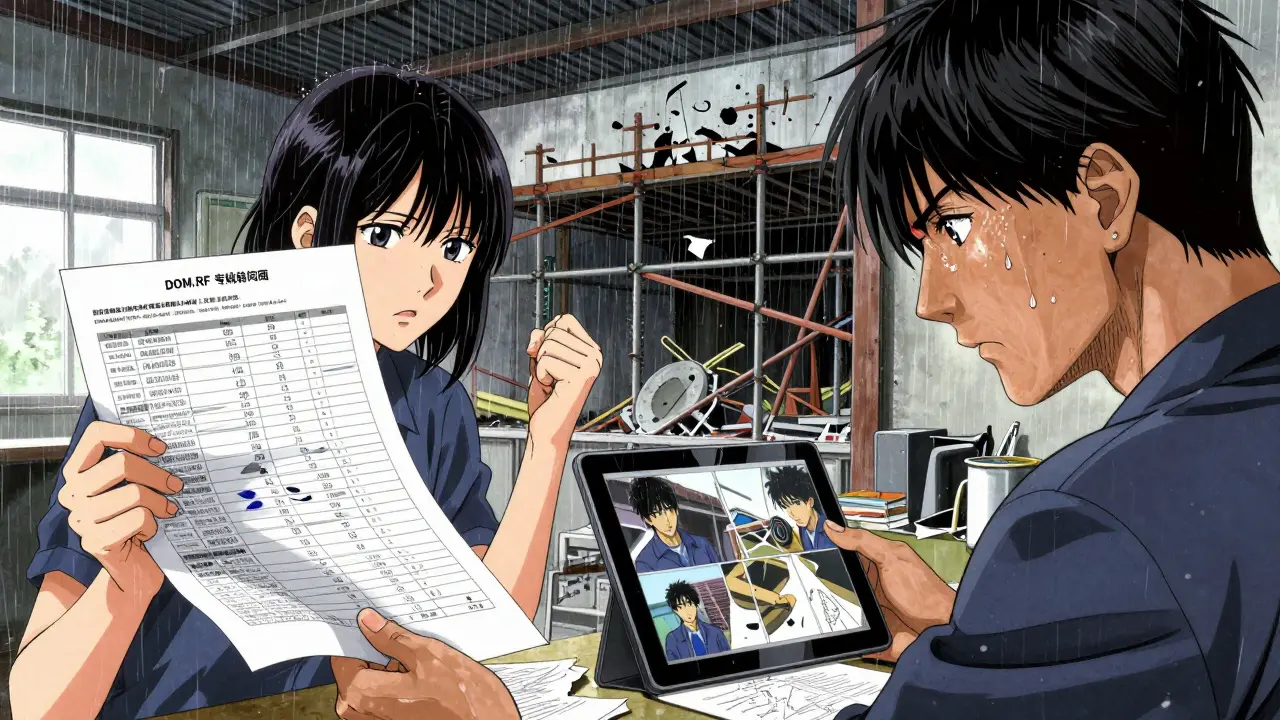 Дольщик и застройщик спорят в офисе, на столе — распечатанные доказательства поддельных фотоотчетов.