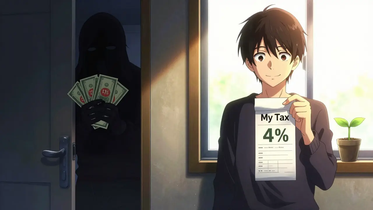 Два противоположных образа арендодателя: один в тени с 13% налогом, другой на свету с 4%.