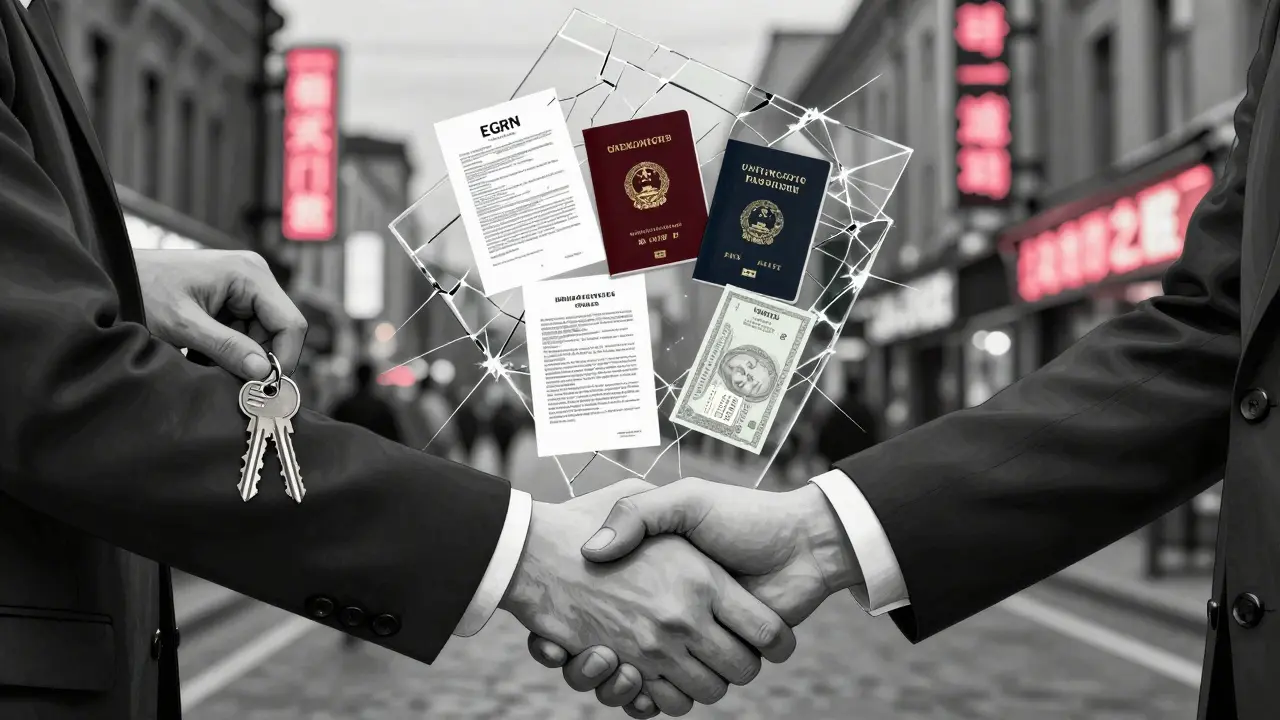 Две фигуры обмениваются ключами и деньгами, между ними — прозрачные фрагменты недостающих документов.