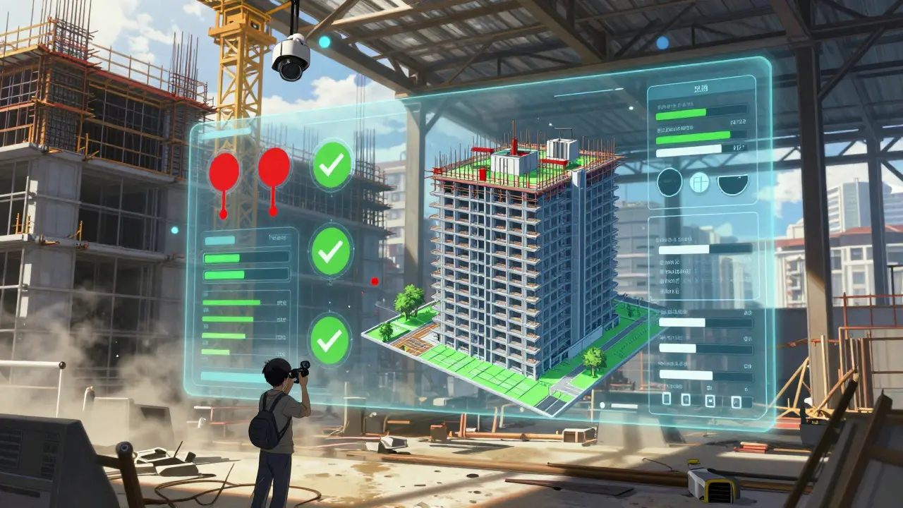 ИИ-анализ строительства показывает недостающую арматуру и прогресс этажей на прозрачных экранах над площадкой.