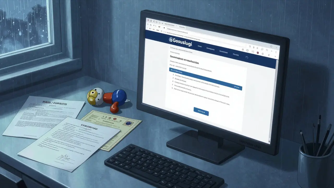 Компьютер с порталом Госуслуг и документами на материнский капитал на кухне.