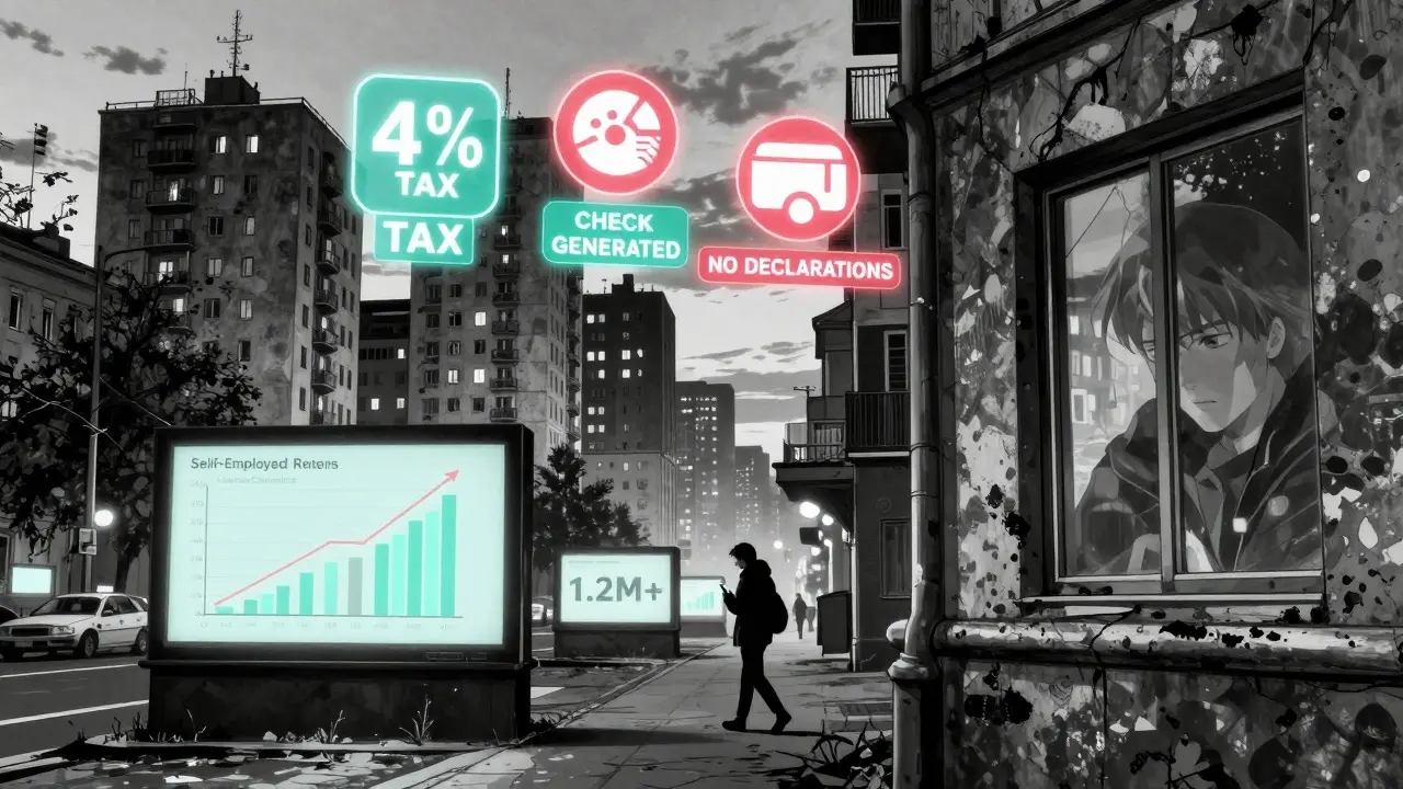 Московский пейзаж с цифровыми метками налога 4% над зданиями, человек идет по улице с телефоном.