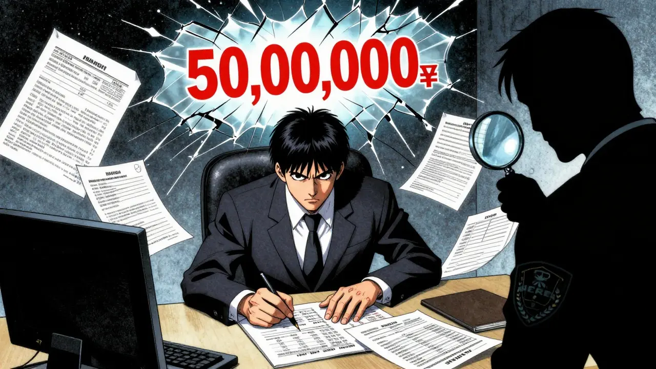 Мужчина считает доходы от продажи долей, над ним — красная цифра 50 млн рублей, в тени — налоговая служба.