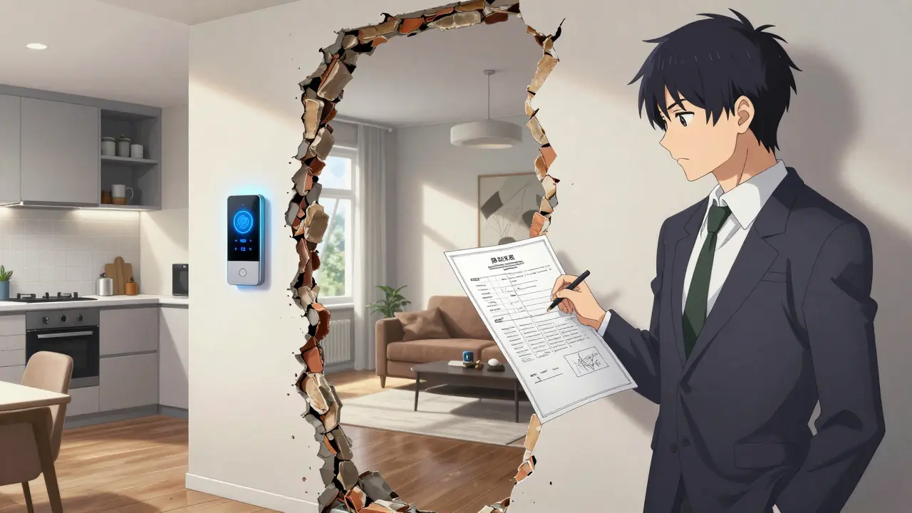 Открытая планировка с документом на согласование перепланировки на столе.