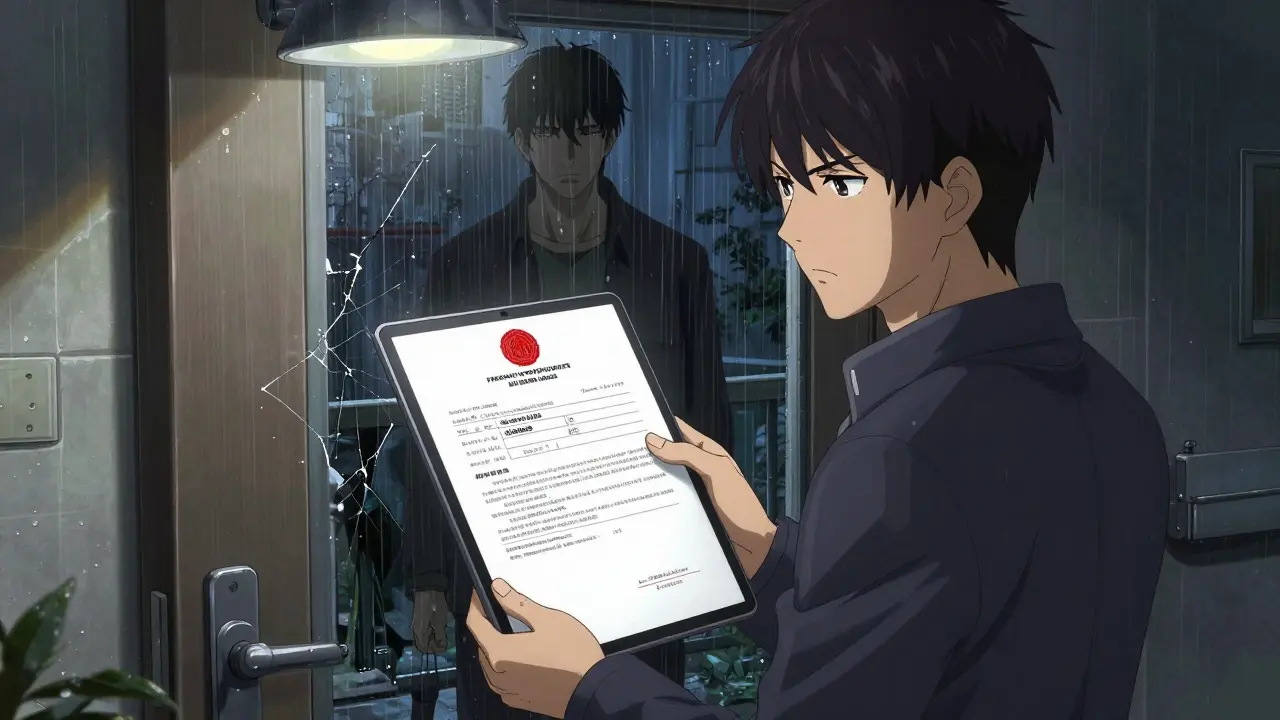 Покупатель проверяет нотариальное согласие на продажу квартиры под тусклым светом коридора.