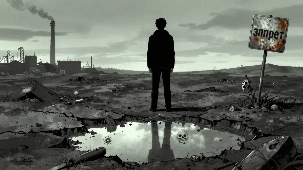 Покупатель стоит на загрязнённой земле, его отражение показывает отравленную смерть.