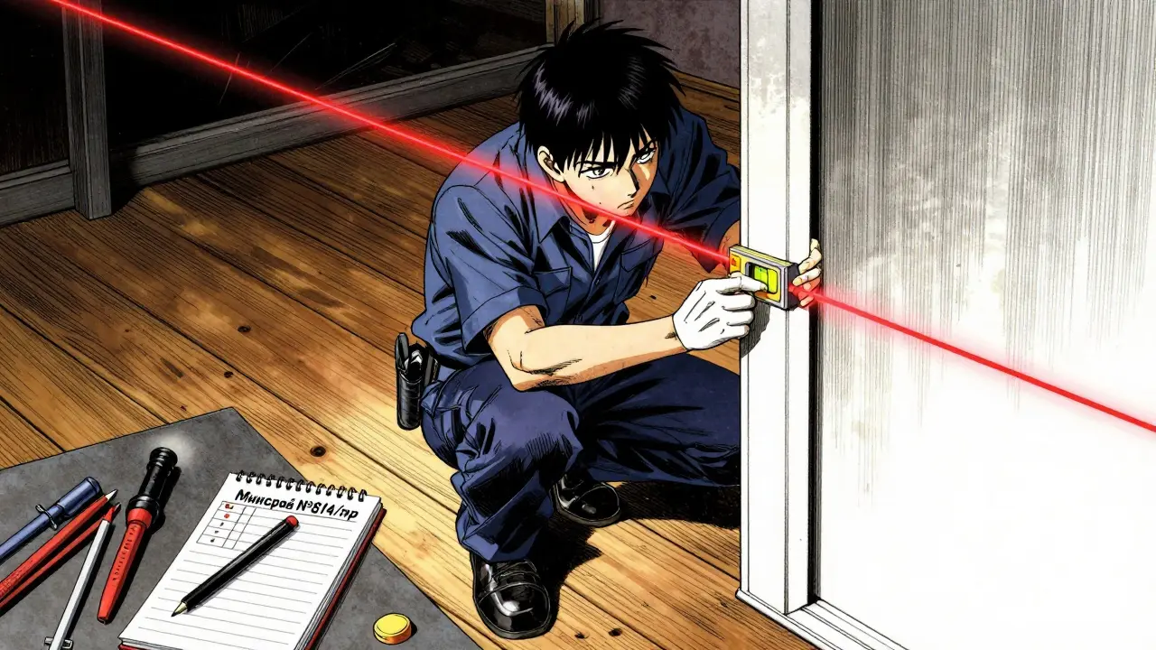 Профессионал использует лазерный уровень для проверки дверной коробки.