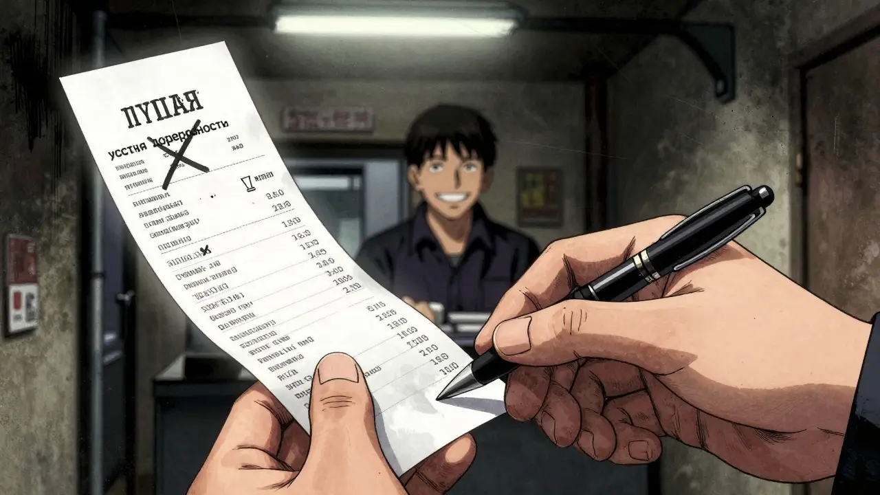 Руки обмениваются распиской за наличные, на фоне туманного силуэта продавца и прозрачных юридических предупреждений.