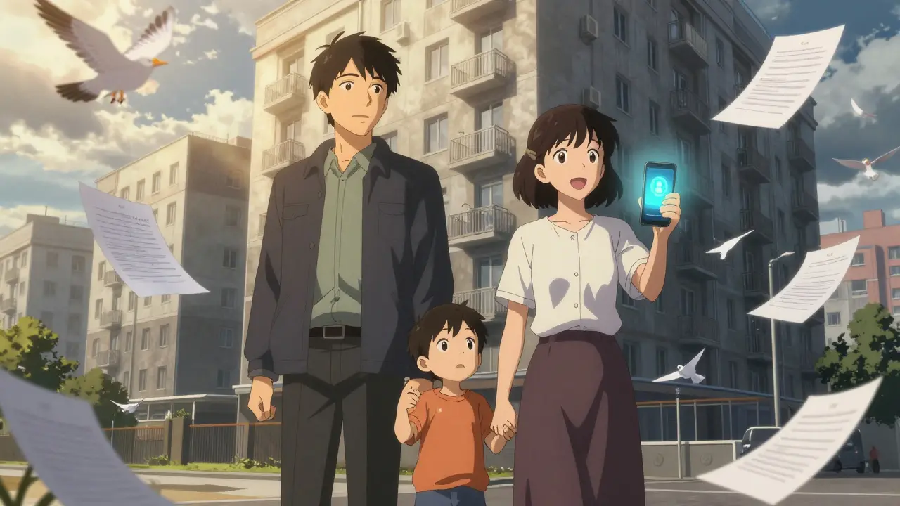 Семья перед новой квартирой, свет прорывается сквозь тучи, символизируя надежду.