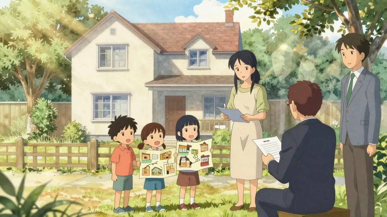 Семья перед новым домом за городом, подписывают документы с опекой.