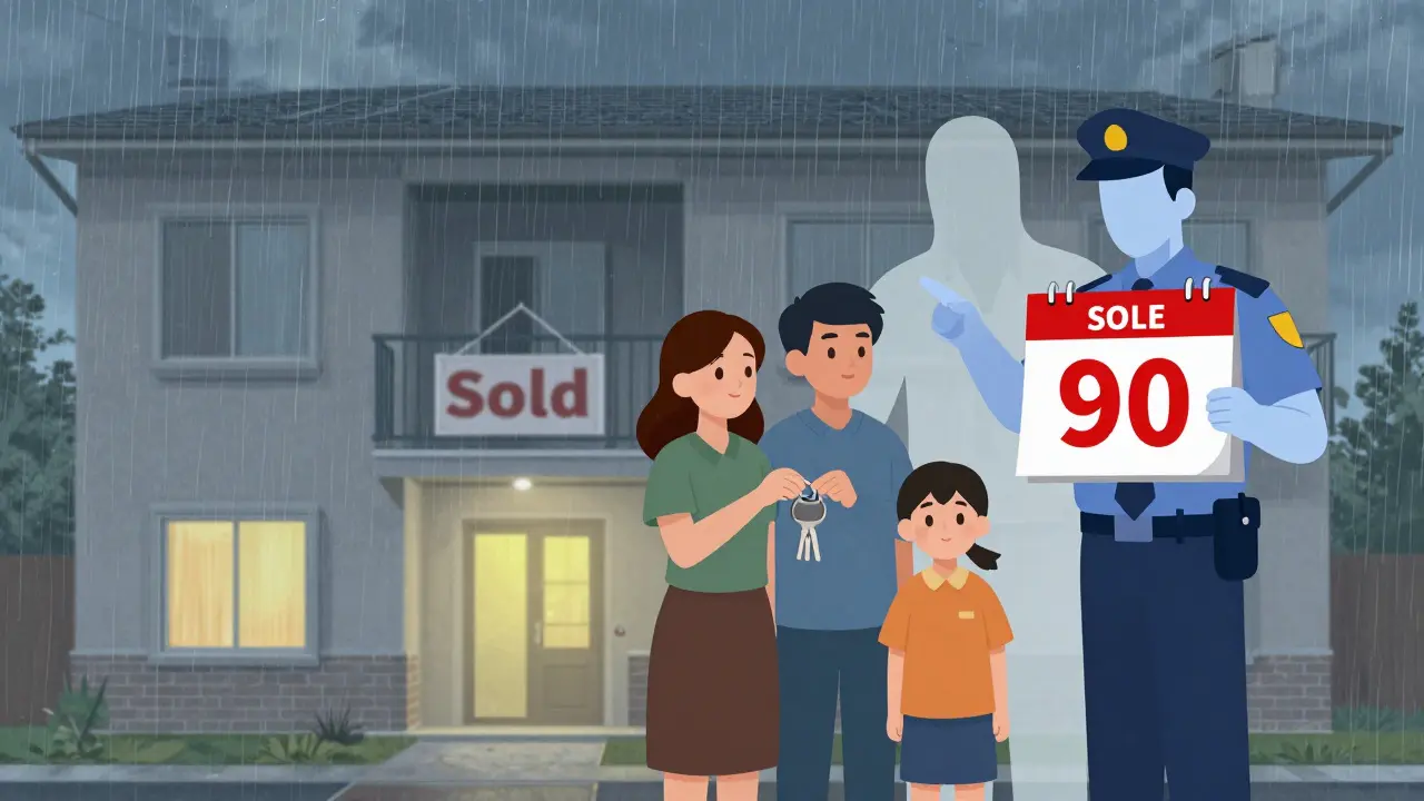 Семья получает ключи от новой квартиры, за спиной — призрачный налоговый инспектор с календарем.