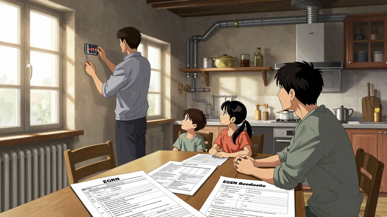 Семья в утеплённой даче с техником, проверяющим температуру отопления.