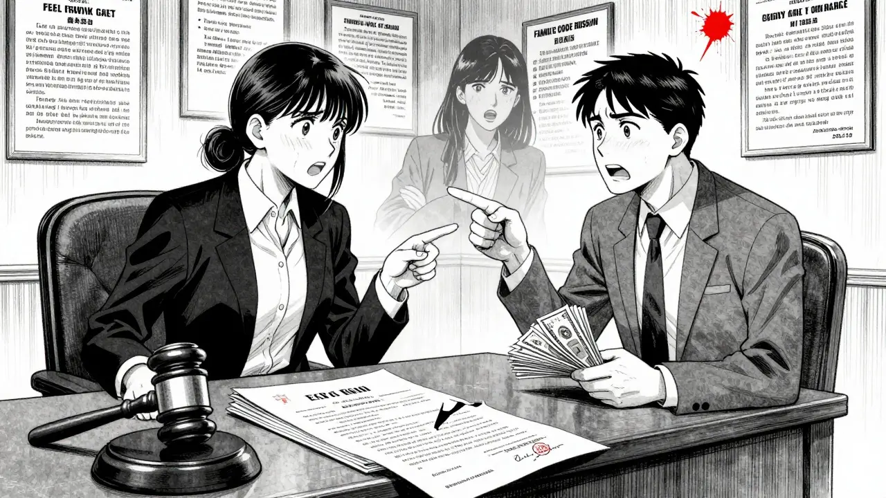 Судебное заседание по оспариванию сделки с недвижимостью, на столе — расторгнутое свидетельство о браке.