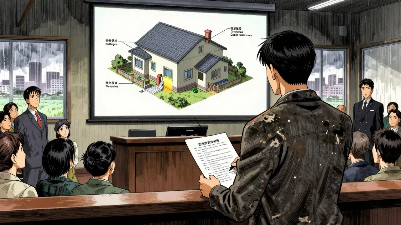 Судебное заседание с проекцией соответствия дома нормам жилья.