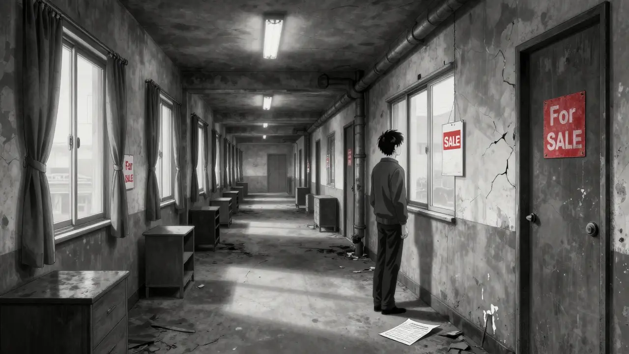 Заброшенный доходный дом: пустые квартиры, вывески «Продается» и атмосфера одиночества.