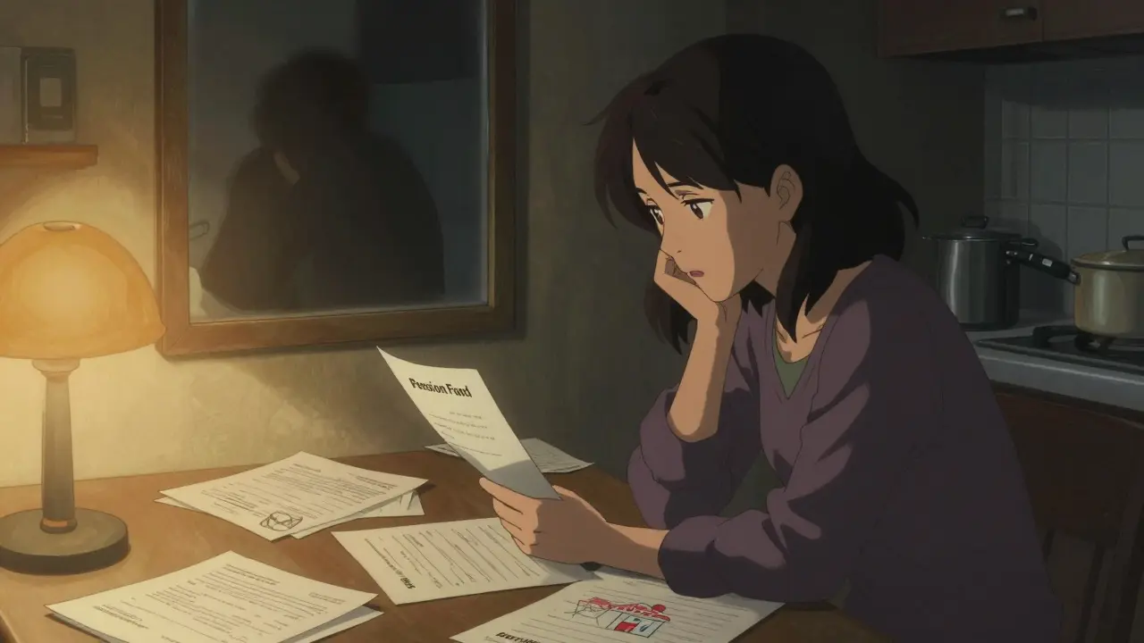 Женщина в кухне ночью, вокруг документы по маткапиталу и ипотеке.