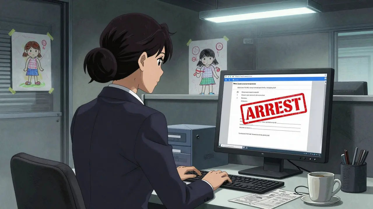 Женщина в офисе смотрит на экран с запретом регистрации, на столе — разрешение опеки и банковская выписка.