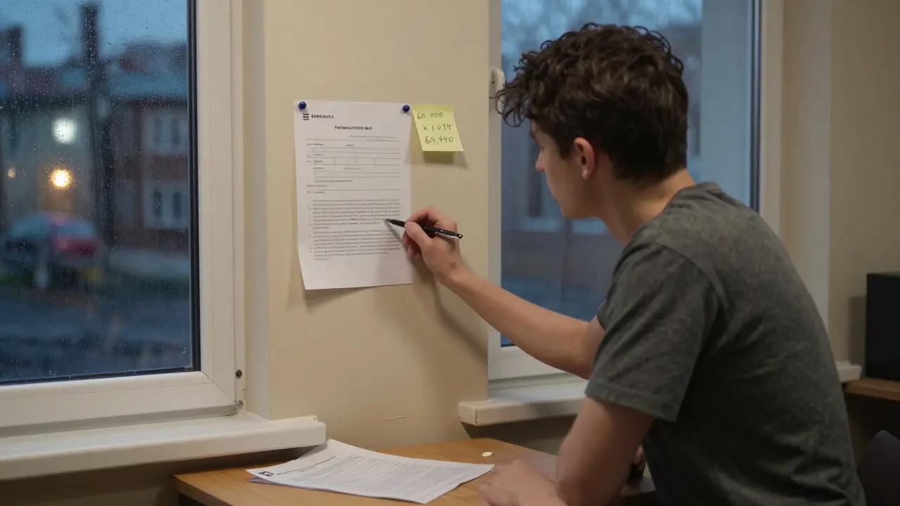 Арендатор размышляет над уведомлением о повышении платы с расчетами на стикерах.