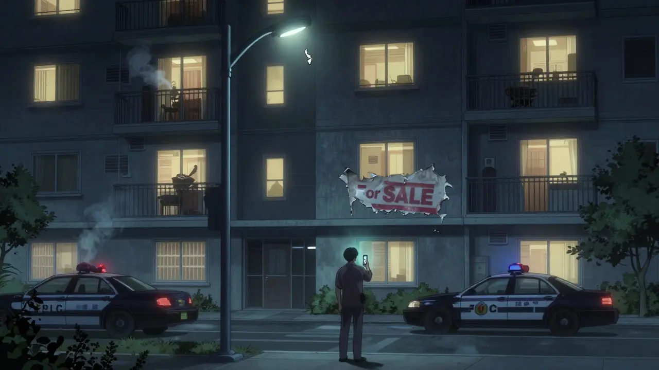 Арендатор снимает состояние квартиры ночью под сломанным фонарём.