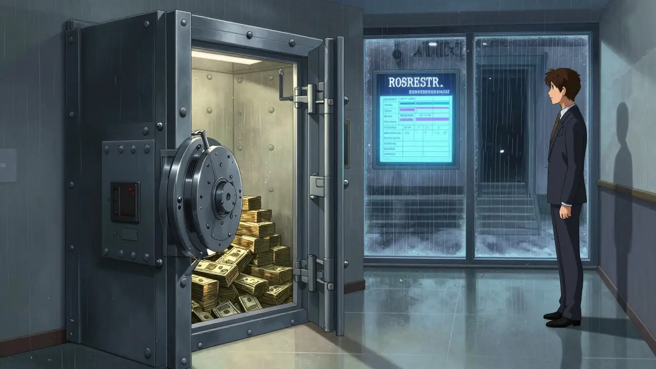 Банковская ячейка с деньгами, за окном — регистрация сделки в Росреестре, дождь за стеклом.