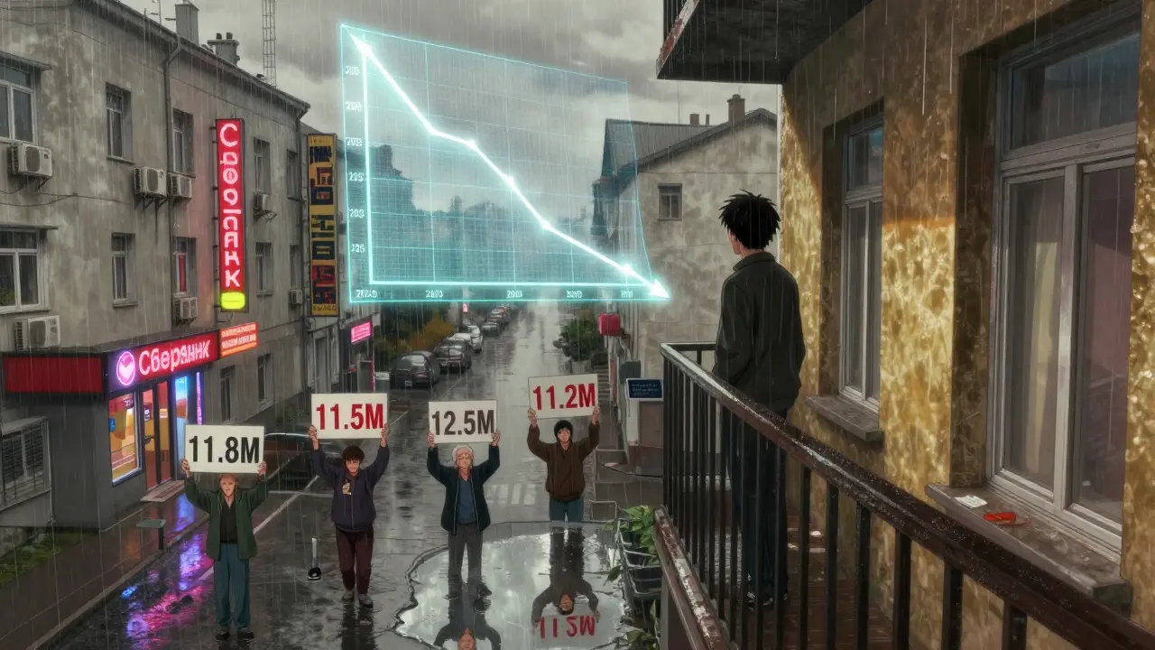 Человек на балконе смотрит на три разных цены над городом, дождь и неоновые вывески вокруг.