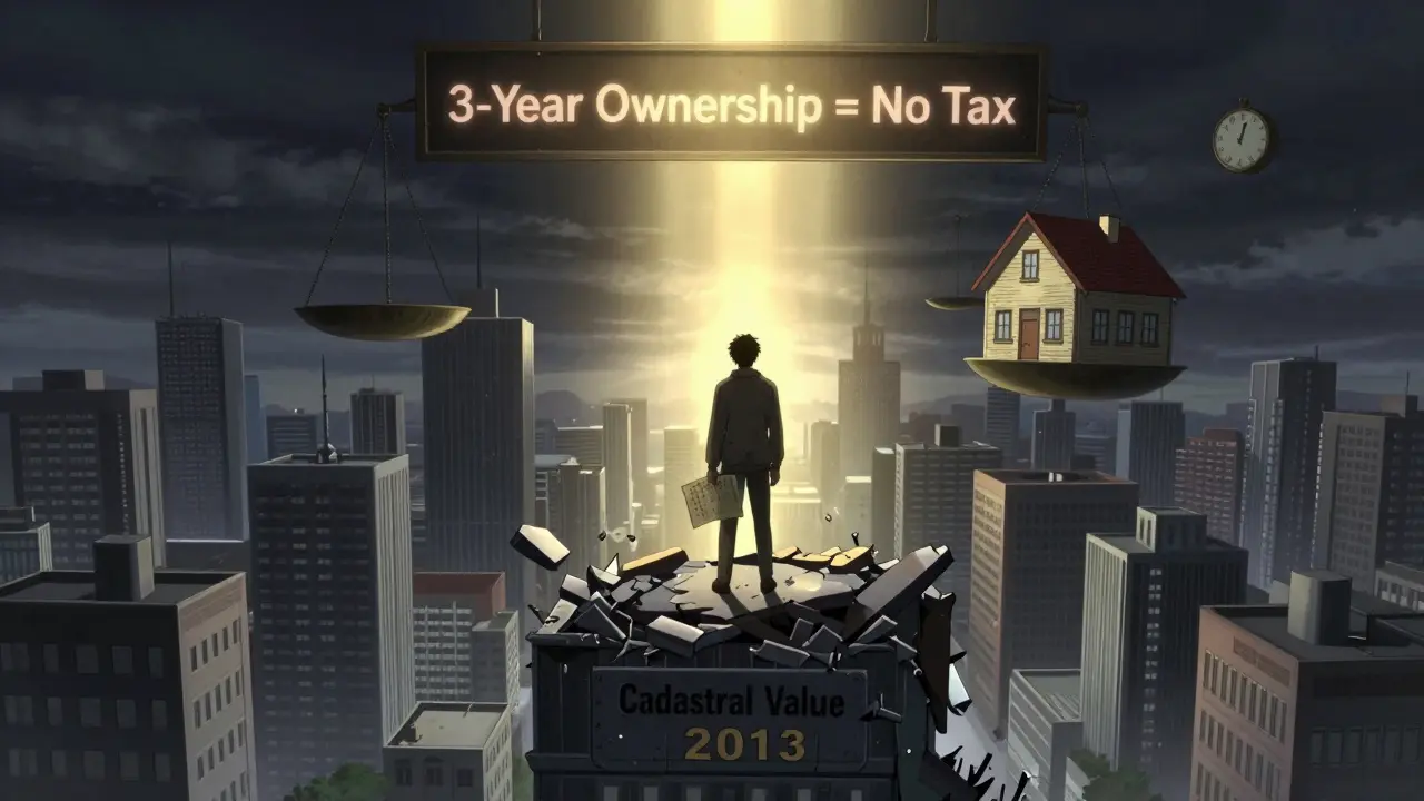 Человек на крыше смотрит на город, держа старую оценку, рядом — знак «3 года владения = нет налога».