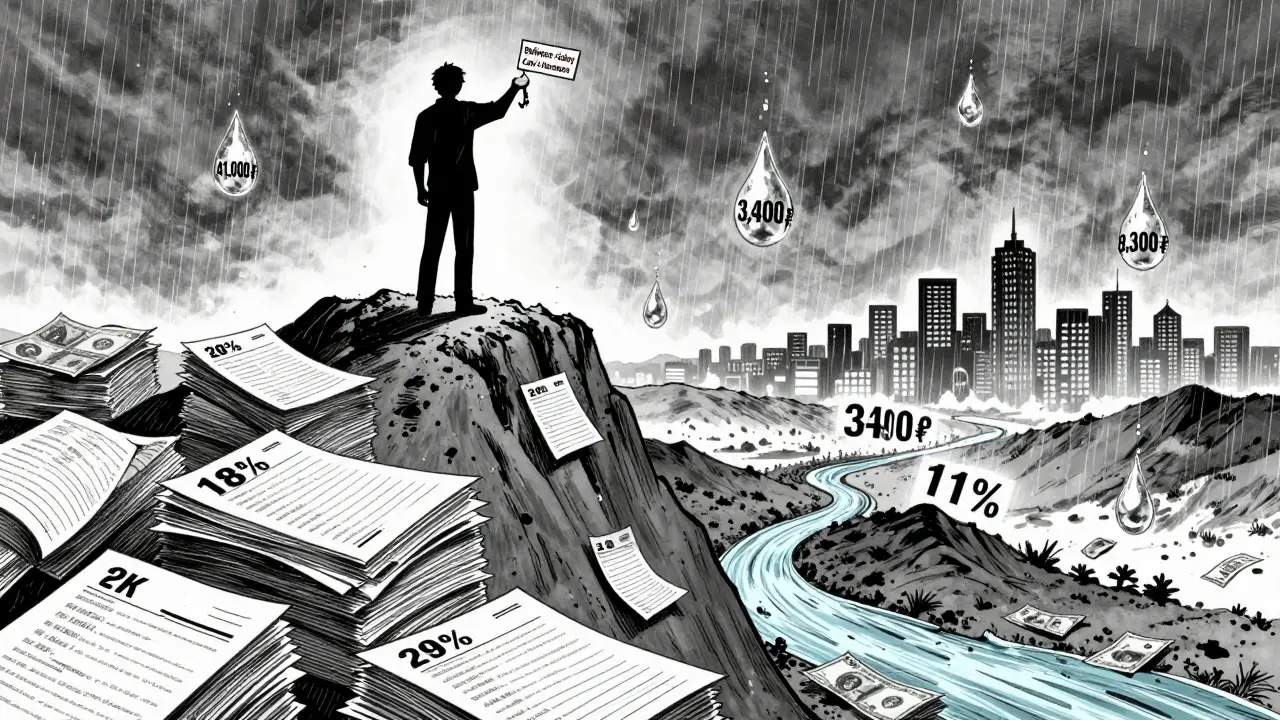 Человек стоит на горе старых кредитов, держит ключ к рефинансированию, внизу — река сэкономленных денег.