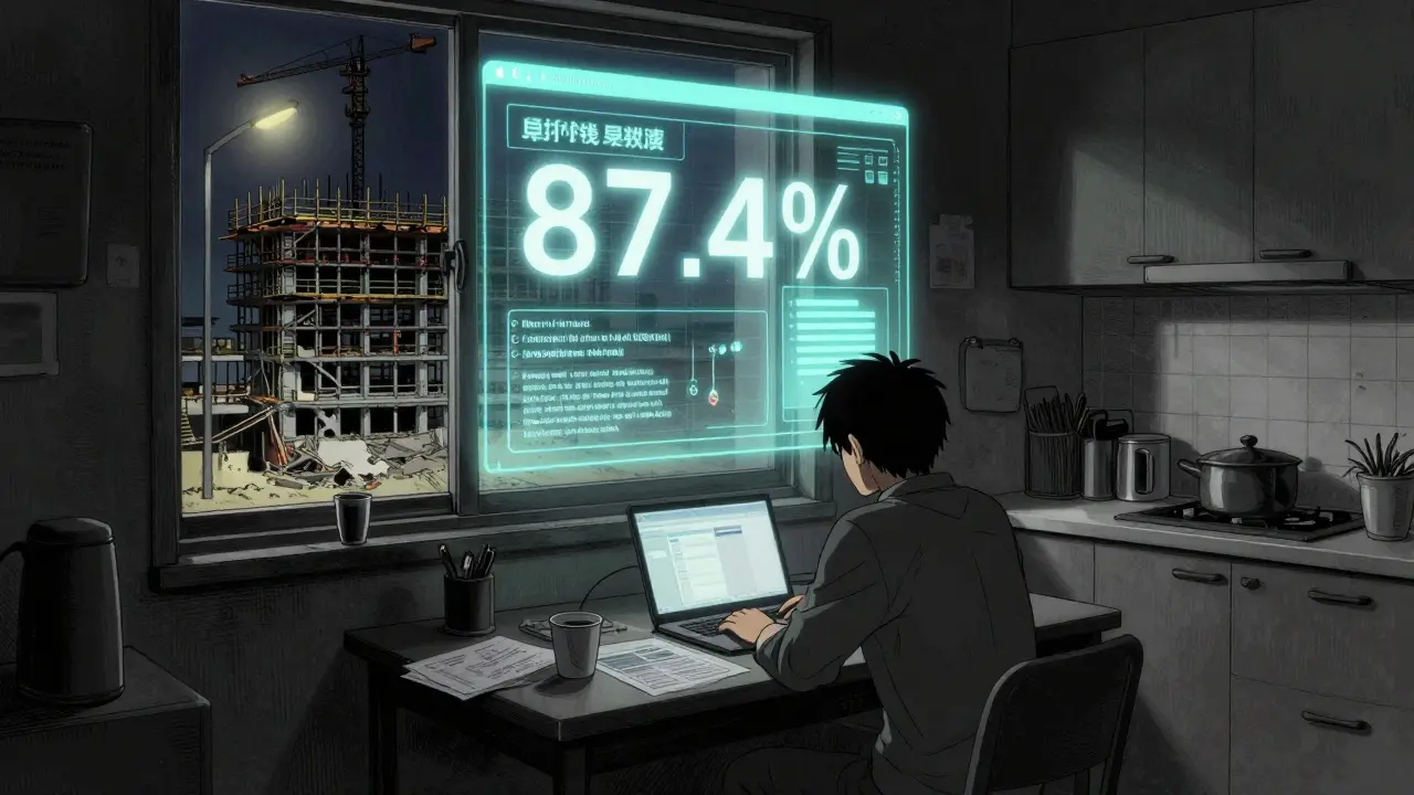 Человек в темной комнате анализирует данные о стройке, над ним — прогноз провала проекта, за окном — остановленная стройка.