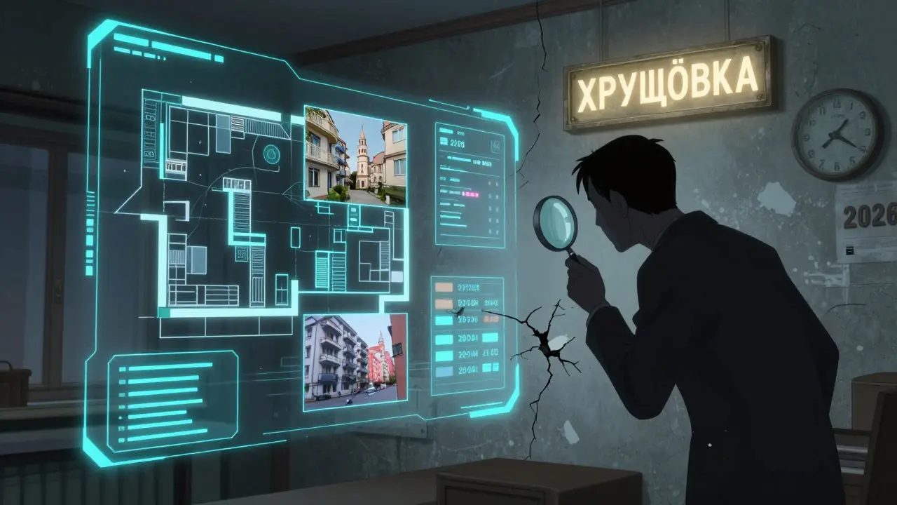 Цифровой интерфейс анализирует квартиру в 2026 году, человек проверяет скрытые дефекты стены.
