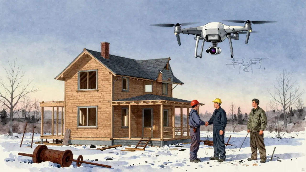 Дрон снимает построенный дом, сопоставляя его с проектом в небе, а у ног хозяина — заброшенные инструменты бывшего подрядчика.