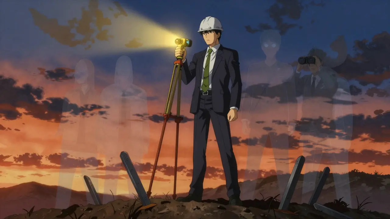 Кадастровый инженер устанавливает маркеры на спорной земле при закате.