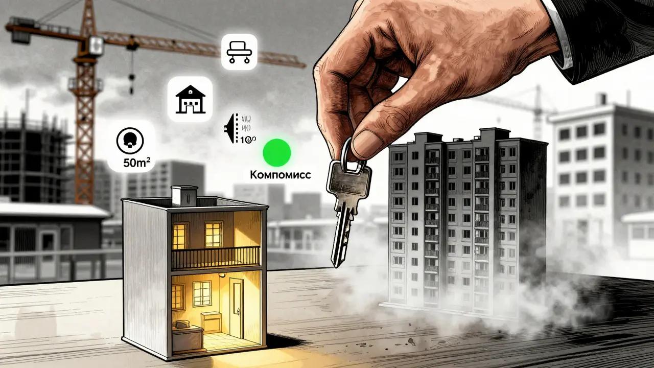 Ключ на столе между двумя квартирами: маленькая сияет, большая в тени, вокруг — цифровые индикаторы.