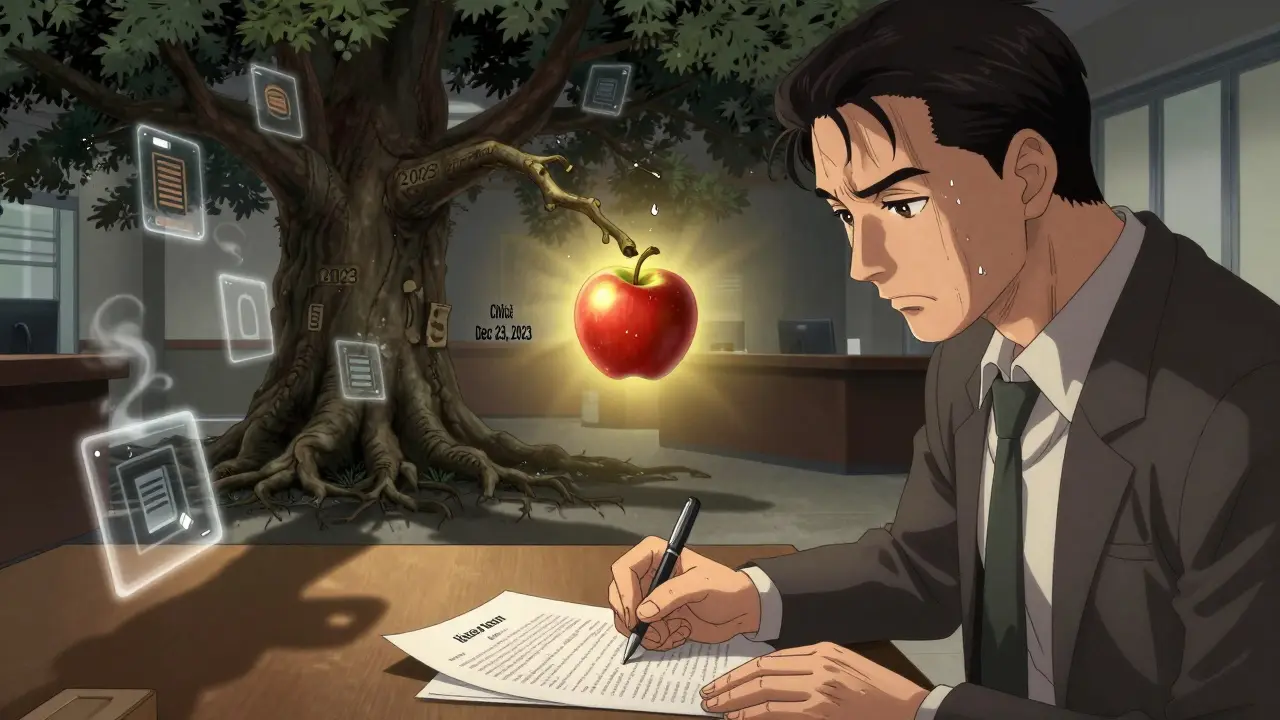 Мужчина подписывает ипотеку, его тень образует дерево с одним плодом — ребёнком, родившимся после 23 декабря 2023 года.