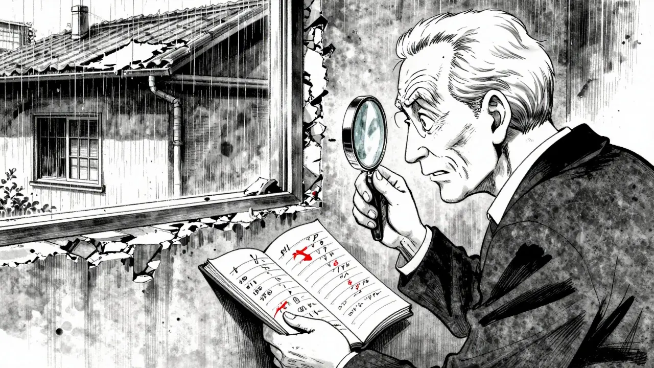 Оценщик осматривает разрушающуюся стену в панельном доме с записями в блокноте.