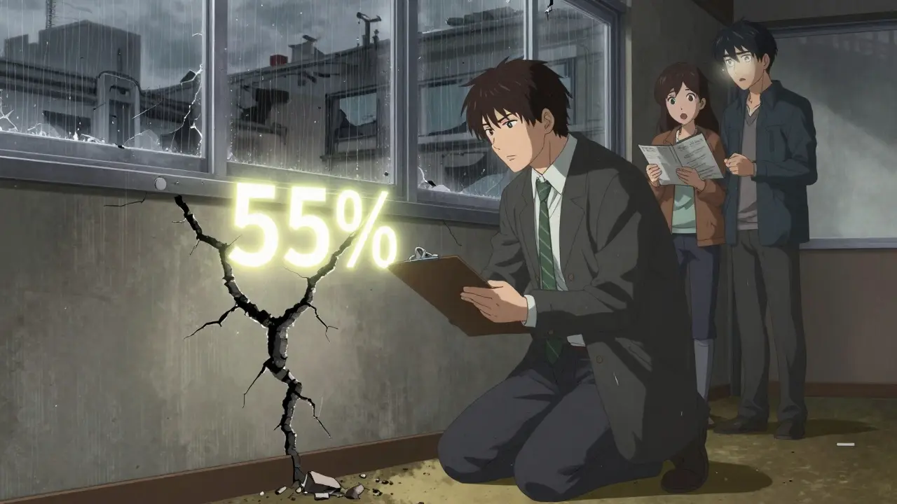 Оценщик осматривает трещину в несущей стене с показателем износа 55%.