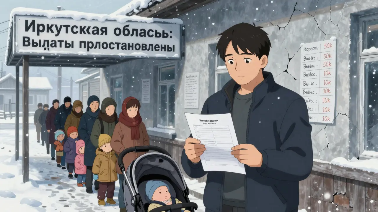 Отец с коляской у закрытого офиса соцзащиты в Сибири, за ним очередь семей, надпись 'Выплаты приостановлены' на снегу.