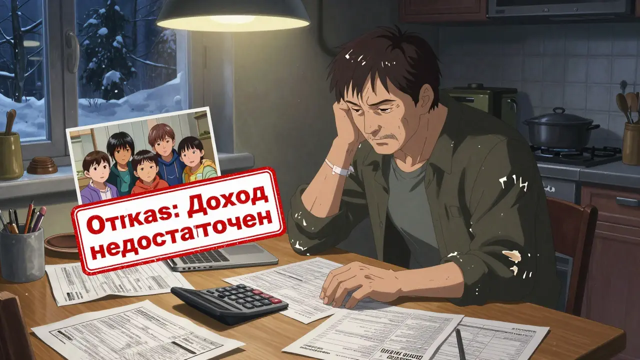 Отец за столом с бумагами и фотографией детей, надпись 'Отказ' над ними