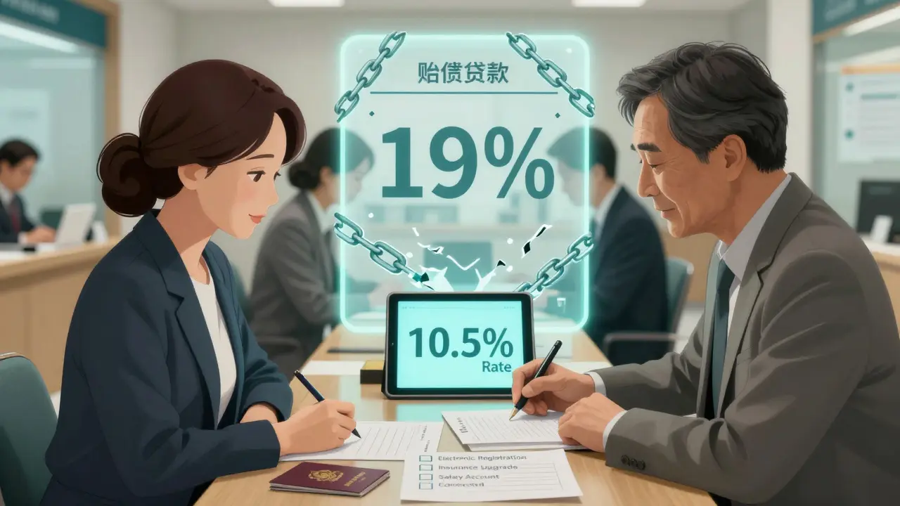 Пара подписывает новый ипотечный договор с пониженной ставкой 10,5% в банке, рядом — зарплатная карта и страховка.